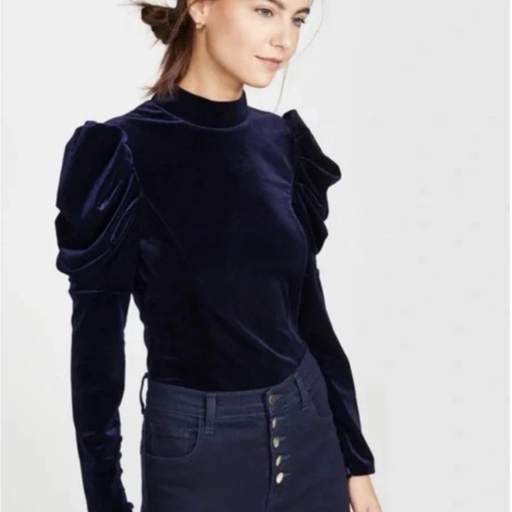 Misa Los Angeles Women Sz M Midnight Blue Velvet Puff Sleeve Bodysuit $238 NWT